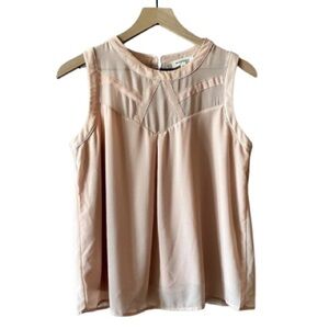 Women's L Monteau Blush Sleeveless Blouse Sheer Pleated Keyhole